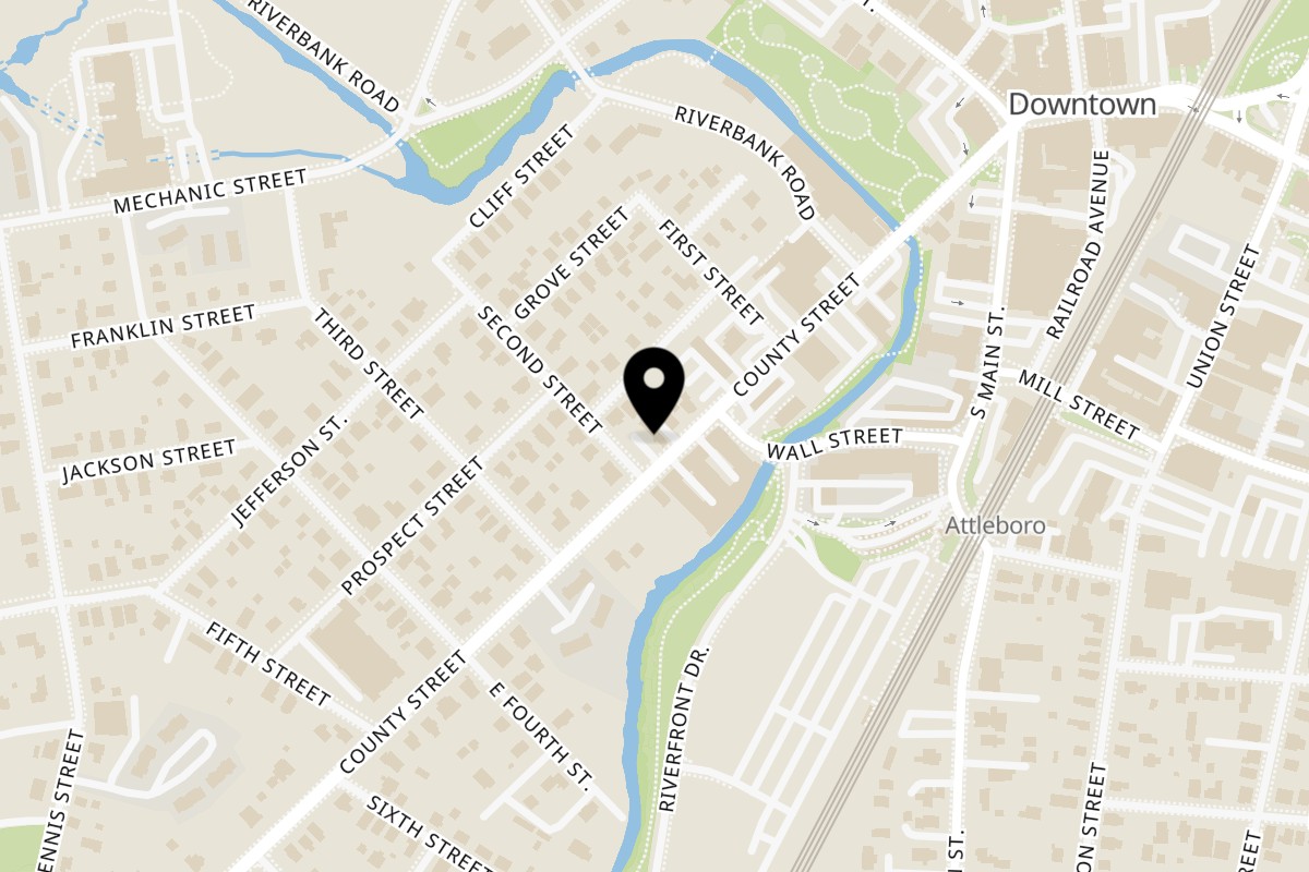 Map showing the location of Bonilla's Pizza on 99 County St in Attleboro
